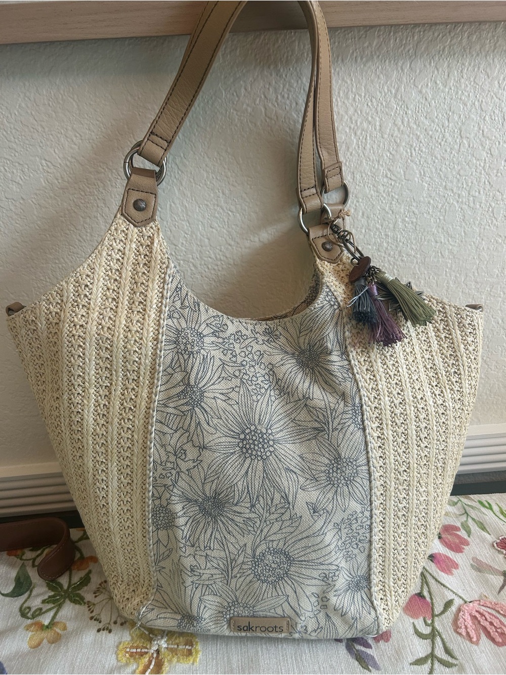Sakroots Cream Floral Crochet Shoulder Tote with Tassel Charm